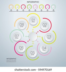 Infographic circle with 8 options. Round chart for business infographics with the set of flat icons and design elements. Can be used for web, diagram, chart, graph, report, step options.