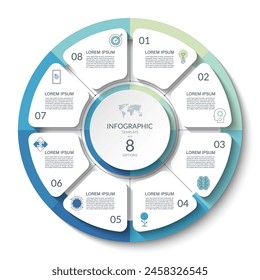 Infographic circle with 8 steps, options, parts. Process chart, cycle diagram, vector template for presentation, report, brochure, web, data visualization.