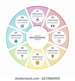 Infographic circle with 8 steps, parts. Vector cycle diagram or round chart that can be used for report, business analytics, data visualization, corporate presentation, educational content.