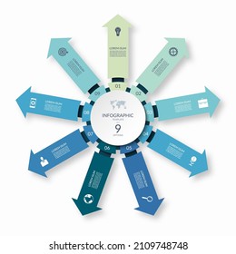 Infographic circle with 9 arrows pointing from the center. 9-step vector template for business infographics.