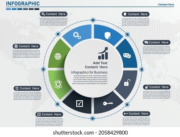Infographic circle banner. Template for graph, report, presentation, data visualisation, cycling diagram, round chart, number options, web design. 8 steps vector background