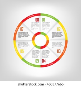 Infographic circle banner. Template for graph, report, presentation, data visualisation, cycling diagram, round chart, number options, web design. 8 steps vector background.