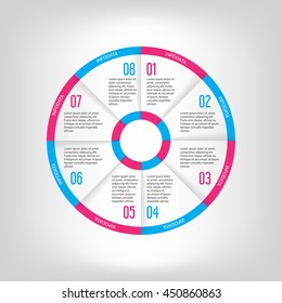 Infographic circle banner. Template for graph, report, presentation, data visualisation, cycling diagram, round chart, number options, web design. 8 steps vector background purple and blue