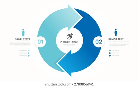Infographic circle chart arrow Venn diagram business template 2 options, presentation vector illustration.	