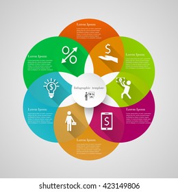 Infographic circle cover template with 6 options, icons and text. Can be used for workflow layout, banner, chart, web design