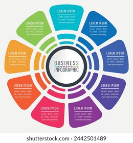 Diseño de círculo infográfico 9 pasos, objetos, opciones o elementos información comercial colorida