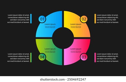 Infografik Kreisdesign mit vier Abschnitten. Zyklusdiagramm mit 4 Schritten und Optionen. Rundungsdiagramm für die Datenvisualisierung.