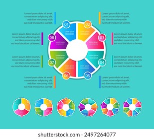 Infographic Circle Design with Place for Your Data. Cycle Diagram with 2 - 8 Steps and Options. Round Chart for Graph, Workflow, Layout for Web, Report, Presentation. Data Visualization Templates Set.