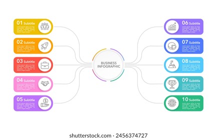 Infographic circle design template. 10 processes to success. Diagram, annual report, marketing, planning, business presentation, and organization. Vector illustration.