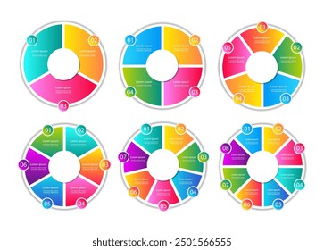 Infographic Circle Design Templates Set. Cycle Diagram with 3 - 8 Steps and Options. Round Pie Chart Collection.