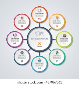 Infographic circle diagram. Vector banner with 8 steps, parts, options. Template for business infographics with the set of flat icons and design elements. Can be used for cycle diagram, round chart.