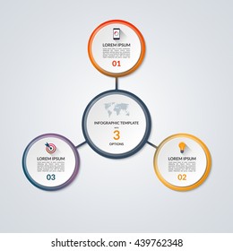 Infografikkreisdiagramm. Vektorbanner mit 3 Schritten, Teilen, Optionen. Vorlage für Unternehmensinfografien mit dem Satz von flachen Symbolen und Designelementen. Kann für Zyklusdiagramm, Runddiagramm verwendet werden.