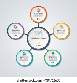 Infographic circle diagram. Vector banner with 5 steps, parts, options. Template for business infographics with the set of flat icons and design elements. Can be used for cycle diagram, round chart.