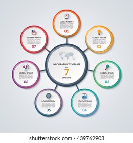 Infographic circle diagram. Vector banner with 7 steps, parts, options. Template for business infographics with the set of flat icons and design elements. Can be used for cycle diagram, round chart.