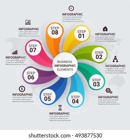Diagrama de círculo infográfico. Banner vectorial con 8 pasos, piezas, opciones. Plantilla para infografías empresariales con el conjunto de iconos planos y elementos de diseño. Se puede utilizar para el diagrama de ciclo, el gráfico circular.