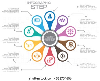 Infographic circle diagram. Vector banner with 10 steps, parts, options. Template for business infographics with the set of flat icons and design elements. Can be used for cycle diagram, round chart.