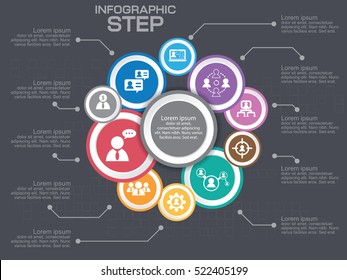 Infographic circle diagram. Vector banner with 10 steps, parts, options. Template for business infographics with the set of flat icons and design elements. Can be used for cycle diagram, round chart.
