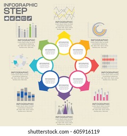 Infographic circle diagram. Vector banner with 8 steps, parts, options. Template for business infographics with the set of flat icons and design elements. Can be used for cycle diagram, round chart.