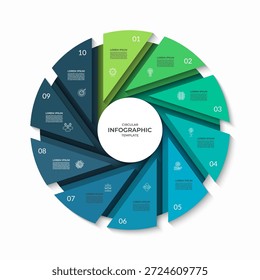 Círculo infográfico dividido em dez segmentos. Diagrama de ciclo com dez etapas. Pode ser usado para apresentação de negócios, relatório, folheto, visualização de dados, material de marketing. Ilustração vetorial.
