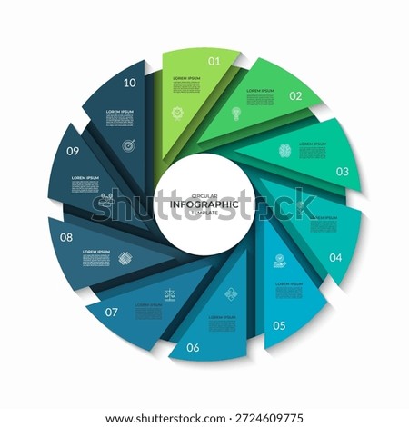 Infographic circle divided into 10 segments. Cycle diagram with ten steps. Can be used for business presentation, report, brochure, data visualization, marketing materials. Vector illustration.