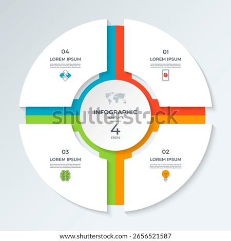 Infographic circle divided into 4 steps. Vector cycle diagram with 4 parts, options. Round chart that can be used for report, business analytics, data visualization, presentation, educational content.
