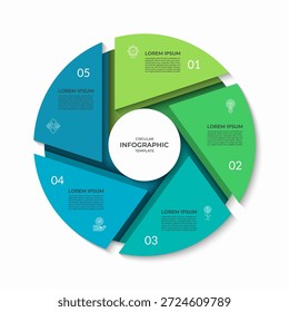 Círculo infográfico dividido em 5 segmentos. Diagrama de ciclo com cinco etapas. Pode ser usado para apresentação de negócios, relatório, folheto, visualização de dados, material de marketing. Ilustração vetorial.