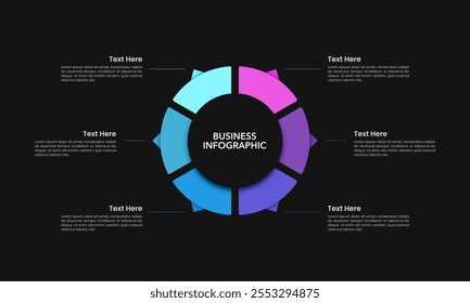 Infográfico com um círculo dividido em 6 seções em um fundo preto, exibindo informações comerciais importantes. Apresentação, estratégia, plano e marketing. Ilustração vetorial.