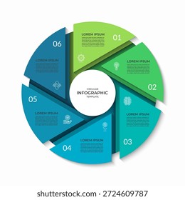 Infografischer Kreis, der in 6 Segmente unterteilt ist. Zyklusdiagramm mit sechs Schritten. Kann für Geschäftspräsentationen, Berichte, Broschüren, Datenvisualisierungen, Marketingmaterialien verwendet werden. Vektorgrafik.