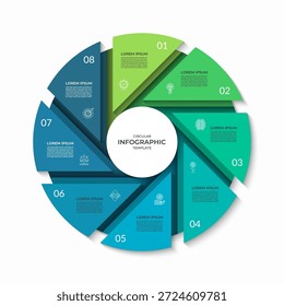 Círculo de infografía dividido en 8 segmentos. Diagrama de ciclo con ocho pasos. Puede ser utilizado para la presentación del negocio, informe, folleto, visualización de datos, materiales de marketing. Ilustración vectorial.