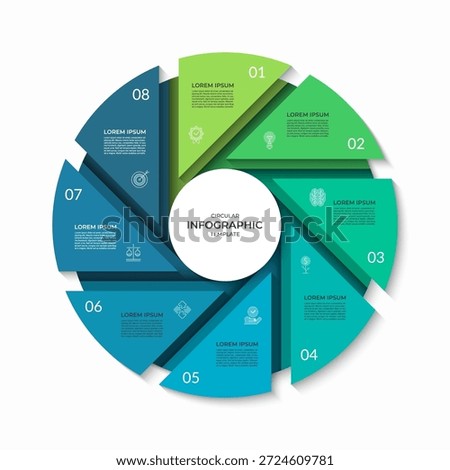 Infographic circle divided into 8 segments. Cycle diagram with eight steps. Can be used for business presentation, report, brochure, data visualization, marketing materials. Vector illustration.