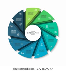 Círculo de infografía dividido en 9 segmentos. Diagrama de ciclo con nueve pasos. Puede ser utilizado para la presentación del negocio, informe, folleto, visualización de datos, materiales de marketing. Ilustración vectorial.