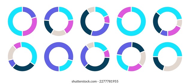 Infographic with circle donut charts. Colorful diagram collection with 1,3,4,5 sections and steps. Pie chart for data analysis and web design. Vector illustration isolated on white background