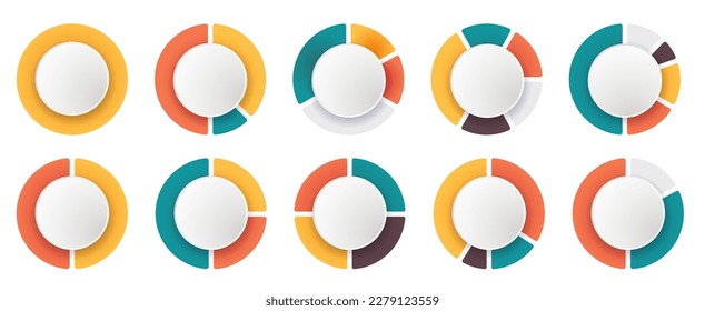 Infographic with circle donut charts. Colorful diagram collection with 1,3,4,5 sections and steps. Pie chart for data analysis and web design. Vector illustration isolated on white background