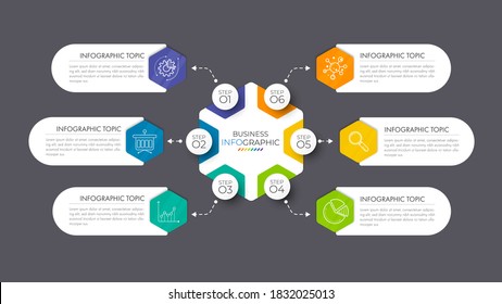 La plantilla de elemento de círculo infográfico se puede utilizar para diseño de flujo de trabajo, diagrama, opciones de número, diseño web. Concepto de negocio infográfico con 6 opciones, partes, pasos o procesos.