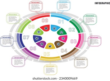 Infographic circle elements design. Business infographic, modern infographic design template. Presentation business infographic template with 9 options or nine steps.