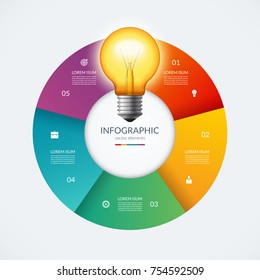 Infographic circle with glowing lightbulb. Creative idea concept with 5 options, steps, parts. Can be used for circular chart, cycle diagram, graph, workflow layout, web design. Vector illustration