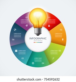 Infographic circle with glowing lightbulb. Creative idea concept with 7 options, steps, parts. Can be used for circular chart, cycle diagram, graph, workflow layout, web design. Vector illustration