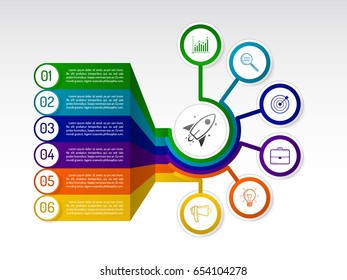 Infographic circle with icons and text blocks. Radial diagram with 6 options. Vector template for business presentation.