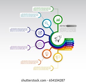 Infographic circle with icons and text blocks. Radial diagram with 6 options. Vector template for business presentation.