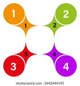 Infographic circle layout. Numbers one two three four. Vector colorful elements. Orange red green purple.