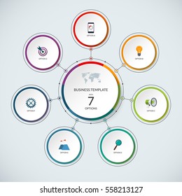 Infographic circle. Modern minimalistic template with 7 options. Vector banner, what can be used as circular chart, cycle diagram, graph, workflow layout for report, business presentation, web design.