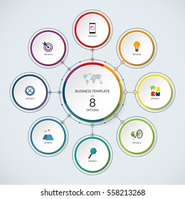 Infographic circle. Modern minimalistic template with 8 options. Vector banner, what can be used as circular chart, cycle diagram, graph, workflow layout for report, business presentation, web design.