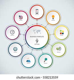 Infographic circle. Modern minimalistic template with 9 options. Vector banner, what can be used as circular chart, cycle diagram, graph, workflow layout for report, business presentation, web design.