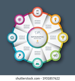 Infographic circle, process chart, cycle diagram. 8 steps. Vector template for business presentation, report, brochure.