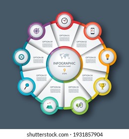 Infographic circle, process chart, cycle diagram. 9 steps. Vector template for business presentation, report, brochure.