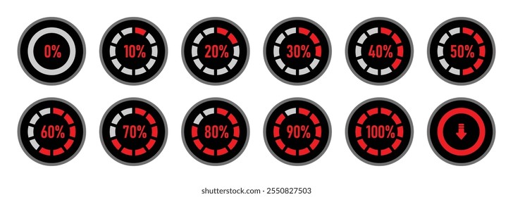 O círculo infográfico define de 0 a 100% o indicador de progresso de carregamento nas cores vermelha e preta. Conjunto de diagramas de porcentagem de círculo para infográficos 0 10 20 30 40 50 60 70 80 90 100 por cento.