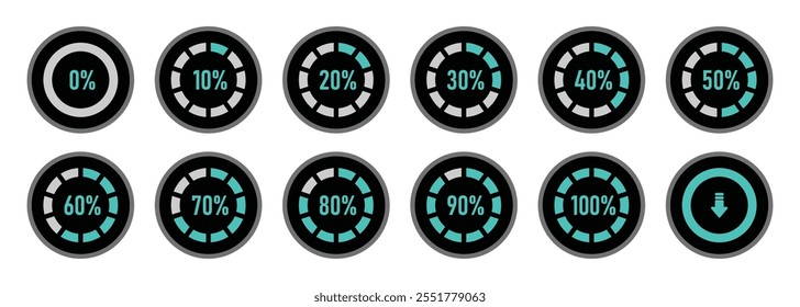 O círculo infográfico define de 0 a 100% o indicador de progresso de carregamento em ciano e preto. Conjunto de diagramas de porcentagem de círculo para infográficos 0 10 20 30 40 50 60 70 80 90 100 por cento.