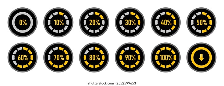 O círculo infográfico define de 0 a 100% o indicador de progresso de carregamento nas cores amarela e preta. Conjunto de diagramas de porcentagem de círculo para infográficos 0 10 20 30 40 50 60 70 80 90 100 por cento.