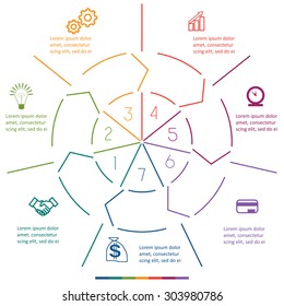 Infographic circle template from colourful lines with text areas on seven positions