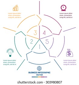 Infographic circle template from colourful lines with text areas on five positions